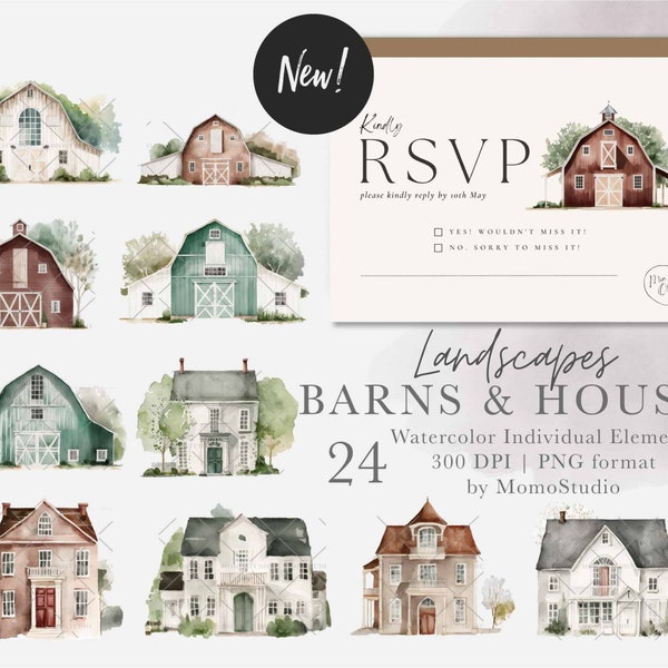 Landscape Watercolor Barns Houses Clipart Wedding Rustic Barn Individual Farmhouse PNG files rsvp invitation favor gift tag png /C13-01