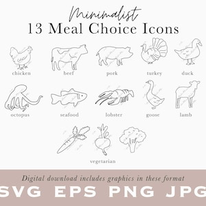 Icônes CHOIX DE REPAS pour carte RSVP, marque-places Icône minimaliste bœuf, végétarien, poisson, homard, volaille agneau porc réservez la date mariage/B14-53