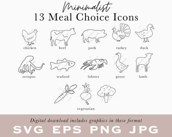 MEAL CHOICE Icons for RSVP Card, Place Card Minimalist Icon Beef, Vegetarian, Fish, Lobster, Poultry Lamb Pork Save the Date Wedding /B14-53