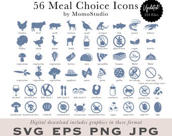 Meal Choice Icons in SVG EPS PNG jpg Dusty Blue Beef, Vegetarian, Vegan, Gluten-free, Dairy-Free, Burrito, Vegan, Quesadilla,Venison /B14-68