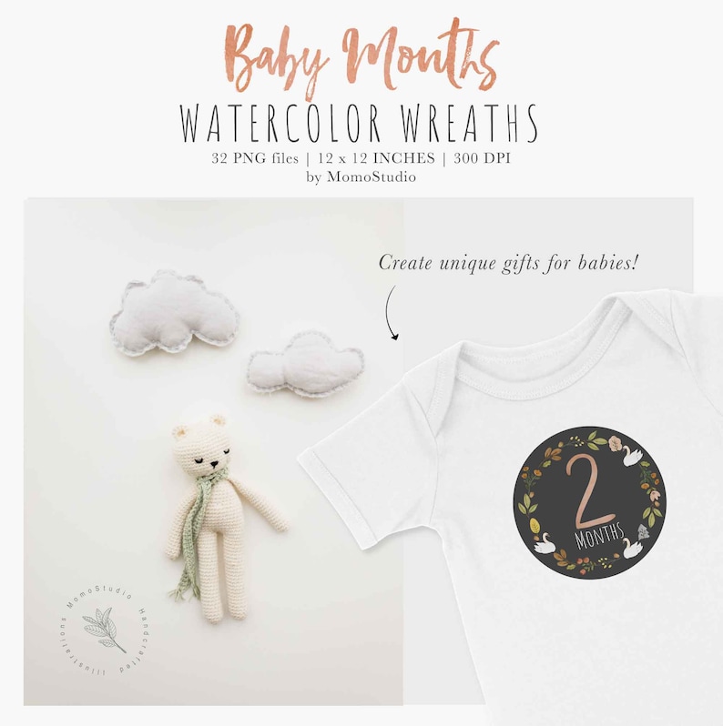 Baby First Year Milestone Clipart, Baby Monthly Milestone png, Digital Baby Floral Milestone Stickers, Baby Shower Gift Scrapbooking /B45-01 image 6