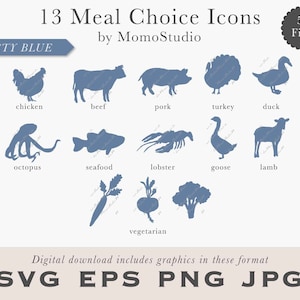 Icônes CHOIX DE REPAS pour carte RSVP, marque-places bœuf, végétarien, poisson, homard, volaille, agneau, porc / Réservez la date / Imprimable mariage / B14-28