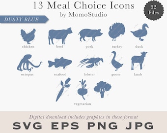 MEAL CHOICE Icons for RSVP Card, Place Card Beef, Vegetarian, Fish, Lobster, Poultry, Lamb, Pork / Save the Date / Wedding Printable /B14-28