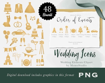 Wedding Icons Gold Wedding Party Timeline Clipart Schedule Of Events Watercolor Cake Drink Guitar Rings Dance png favor gift tag png /B84-02