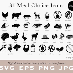 Icônes de choix de repas en SVG EPS PNG jpg - boeuf, végétarien, végétalien, sans gluten, sans produits laitiers, burrito, végétalien, quesadilla, pâtes, chevreuil /B14-09