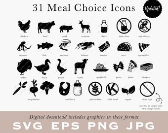 Meal Choice Icons in SVG EPS PNG jpg - Beef, Vegetarian, Vegan, Gluten-free, Dairy-Free, Burrito, Vegan, Quesadilla, Pasta, Venison /B14-09
