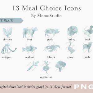Aquarelles Icônes CHOIX DE REPAS pour cartes RSVP Marque-places Boeuf Végétarien Poisson Homard Volaille Agneau Porc Icônes Mariage Bleu indigo png /B14-01