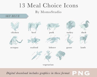Watercolor MEAL CHOICE Icons for RSVP Cards Place Cards Beef Vegetarian Fish Lobster Poultry Lamb Pork Icons Wedding Indigo Blue png /B14-01