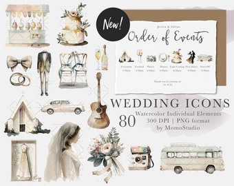 Wedding Icon for Wedding Event Timeline Clipart Schedule Of Events Watercolor Cake Drinks Guitar Garden Rings Bus favor gift tag png /B92-01