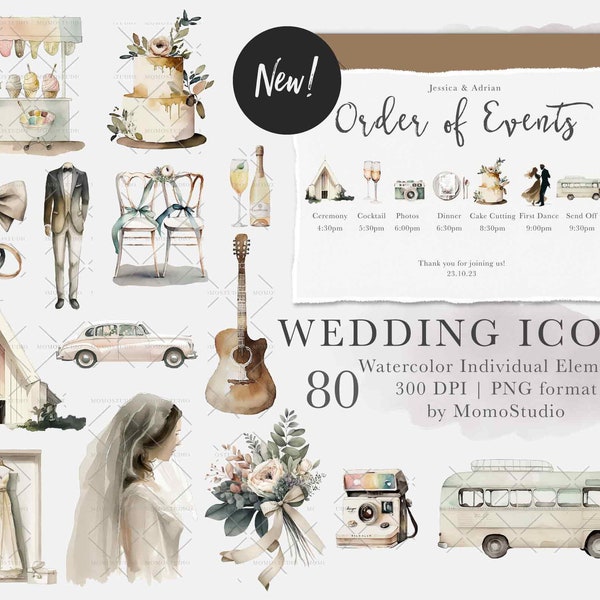 Wedding Icon for Wedding Event Timeline Clipart Schedule Of Events Watercolor Cake Drinks Guitar Garden Rings Bus favor gift tag png /B92-01