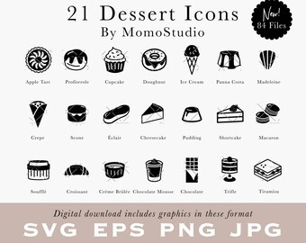 Dessert Icons Bakery Menu Food Clipart Cakes Pastries Patisserie Cheesecake Apple Tart Creme Brulee Eclair RSVP Place Card SVG PNG /B86-01