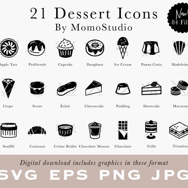 Dessert Icons Bakery Menu Food Clipart Cakes Pastries Patisserie Cheesecake Apple Tart Creme Brulee Eclair RSVP Place Card SVG PNG /B86-01