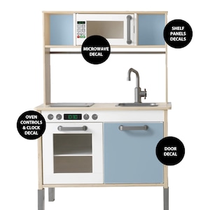Duktig Sticker Pack – 5 decals for IKEA Duktig play kitchen – Vinyl Stickers: Shelf Panels (x2), Door, Microwave, Oven Controls with Clock