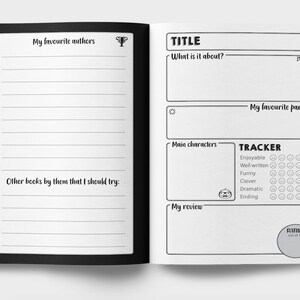 K&ouml;nnte beinhalten: Ein schwarz-wei&szlig;es Buch mit einem Tracker zur Bewertung von B&uuml;chern. Der Tracker enth&auml;lt Kategorien wie angenehm, gut geschrieben, lustig, clever, dramatisch und Ende. Es gibt auch einen Abschnitt zur Bewertung des Buches von 1 bis 10.