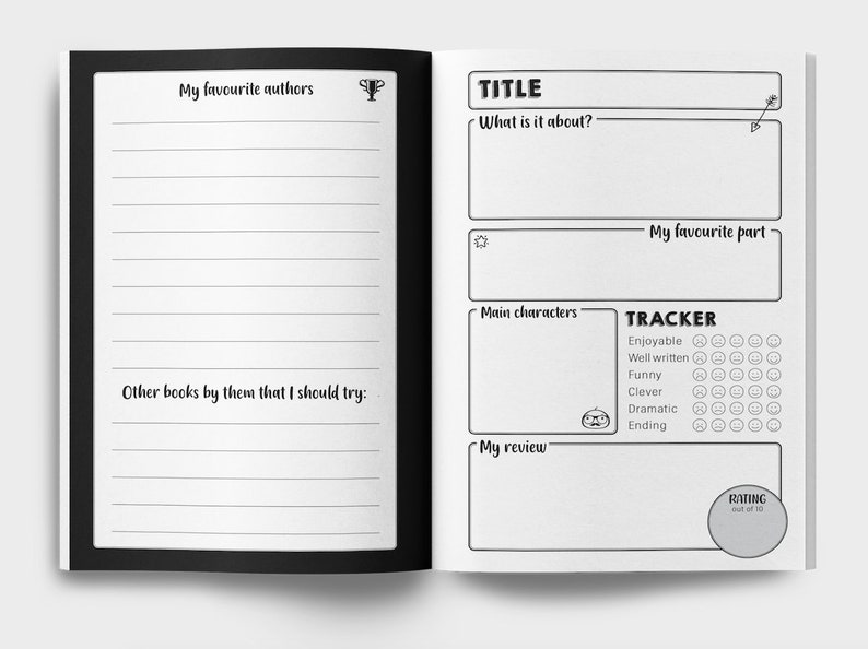K&ouml;nnte beinhalten: Ein schwarz-wei&szlig;es Buch mit einem Tracker zur Bewertung von B&uuml;chern. Der Tracker enth&auml;lt Kategorien wie angenehm, gut geschrieben, lustig, clever, dramatisch und Ende. Es gibt auch einen Abschnitt zur Bewertung des Buches von 1 bis 10.