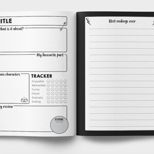 K&ouml;nnte beinhalten: Ein schwarz-wei&szlig;es Buch mit einem Tracker zum Bewerten von B&uuml;chern. Der Tracker enth&auml;lt Kategorien wie angenehm, gut geschrieben, lustig, clever, dramatisch und Ende. Das Buch bietet auch Platz f&uuml;r einen Titel, worum es im Buch geht, einen Lieblingsteil, Hauptfiguren, eine Rezension und eine Bewertung von 1 bis 10. Die rechte Seite enth&auml;lt den Text "Best endings ever" und liniertes Papier zum Schreiben.