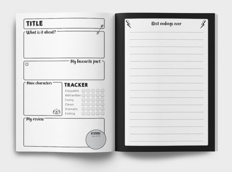 K&ouml;nnte beinhalten: Ein schwarz-wei&szlig;es Buch mit einem Tracker zum Bewerten von B&uuml;chern. Der Tracker enth&auml;lt Kategorien wie angenehm, gut geschrieben, lustig, clever, dramatisch und Ende. Das Buch bietet auch Platz f&uuml;r einen Titel, worum es im Buch geht, einen Lieblingsteil, Hauptfiguren, eine Rezension und eine Bewertung von 1 bis 10. Die rechte Seite enth&auml;lt den Text "Best endings ever" und liniertes Papier zum Schreiben.