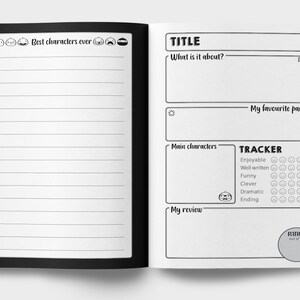 K&ouml;nnte beinhalten: Eine schwarz-wei&szlig;e druckbare Journal-Seite zum Verfolgen und Bewerten von B&uuml;chern. Die Seite enth&auml;lt Abschnitte f&uuml;r den Titel, worum es in dem Buch geht, Lieblingsteile, Hauptfiguren, einen Tracker f&uuml;r angenehm, gut geschrieben, lustig, clever, dramatisch und Ende, einen Abschnitt f&uuml;r eine Rezension und eine Bewertung von 10.