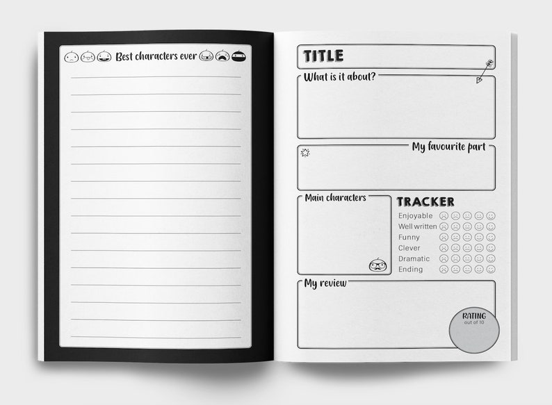 K&ouml;nnte beinhalten: Eine schwarz-wei&szlig;e druckbare Journal-Seite zum Verfolgen und Bewerten von B&uuml;chern. Die Seite enth&auml;lt Abschnitte f&uuml;r den Titel, worum es in dem Buch geht, Lieblingsteile, Hauptfiguren, einen Tracker f&uuml;r angenehm, gut geschrieben, lustig, clever, dramatisch und Ende, einen Abschnitt f&uuml;r eine Rezension und eine Bewertung von 10.