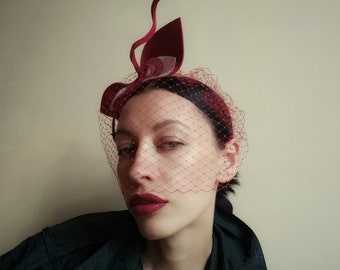 Red veil with a leather bow/Red fascinator/ Red crown/ Red velvet bow/ Bridal headpiece/