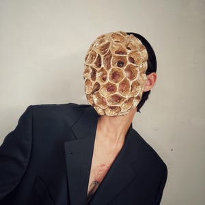 Golden mask in gothic style with holes/ Papier mache mask/Blind mask/Halloween mask/ Wasteland mask/ Horror mask