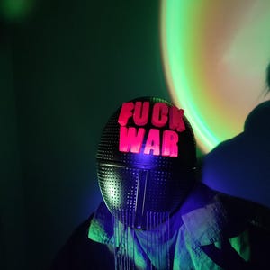 Custom black mask with neon letters and chains/ Burning Man/ neon UV-pink/ Full face mask