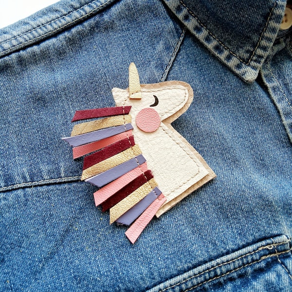 Unicorn leather brooch/multicolored unicorn/hand made brooch/unicorn enamel pin/gift for girl/little gift/daughter's gift