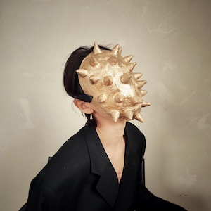 Gold Spiked/ Horror Mask/ Handmade Paper Mache Mask/ Blind Mask/ Gothic Mask/ Cosplay Mask/ Gift for Him