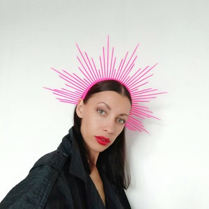 Corona de halo de neón/ Diadema de halo/ Corbata con cremallera de corona/ Rosa neón UV/ Festival de halo