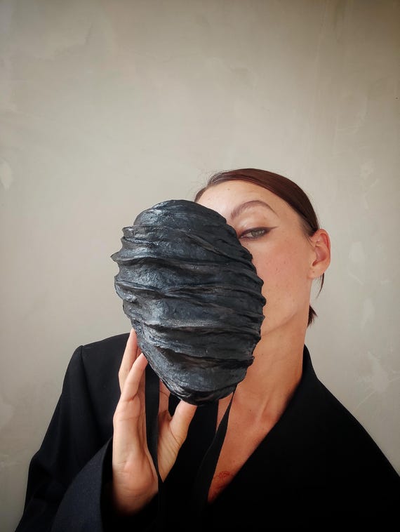 Black Halloween Horror Mask/ Blind Mask/ Full Face Mask/ Scary mask/ Cosplay costume/ Papier mache mask/Gift for him