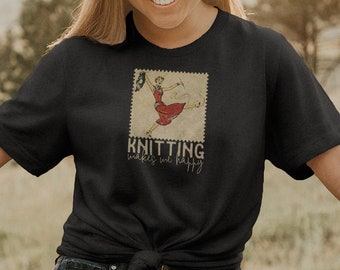 Vintage 1950s Knitting Makes Me Happy Shirt, Great Hobbyist Knitting Gift for Mom or Grandma - Bella Canvas Premium T-Shirt