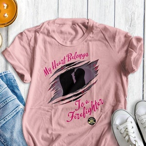 FIREFIGHTER WIFE SHIRT & Fire Wife Gift for Girlfriend, Sister, Aunt - My Heart Belongs To A Fire fighter, Ripped Effect - Unisex T-Shirt