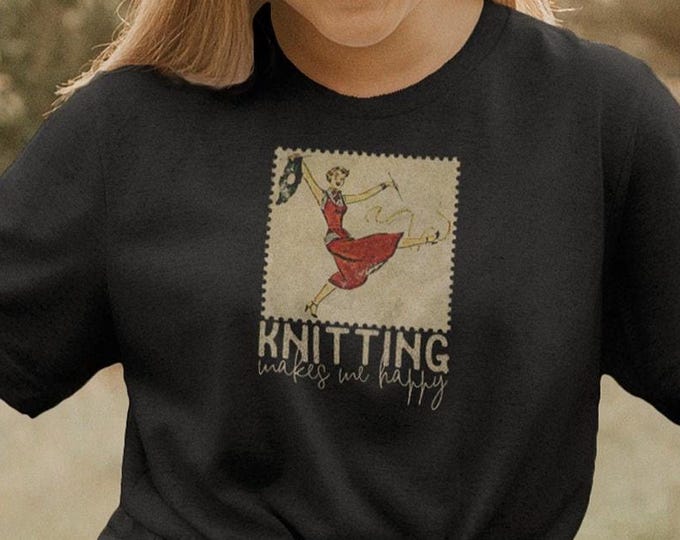 Vintage 1950s Knitting Makes Me Happy T-Shirt, Great Hobbyist Knitting Gift for Mom or Grandma