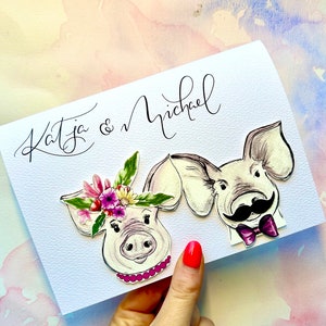 Cartão de casamento personalizado Ilustração do porco | Cartão de casamento do animal de fazenda | presente de casamento personalizado com mensagem personalizada