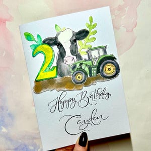 Kuh, Bauer, Traktor Personalisierte Kalligraphie Geburtstag mit Alter | Papa, Junge, Geburtstagskarte | Farmer Traktor Karte |