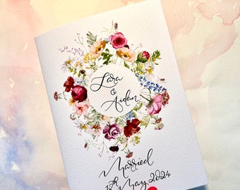 Kalligrafie noemt bruiloft/verloving wilde bloemen kaart | Gepersonaliseerde kalligrafie | Roze thema, Wild Flower bruidsbloemen