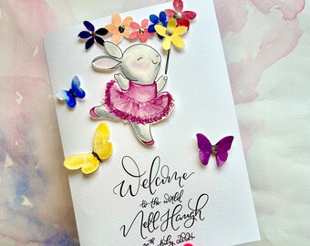 Carte personnalisée pour bébé lapin ballerine | Baptême, baptême