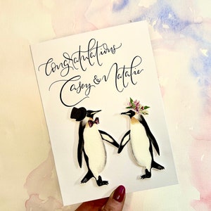"Hochzeits- oder Verlobungskarte - Pinguin - Personalisierte Karte ""Mate for Life"" | Kalligrafie