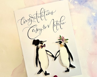 Penguin Wedding or Engagement Card – Personalised Animal Couple Card – Custom &#39;Mate for Life&#39; Themed Greeting | Calligraphy