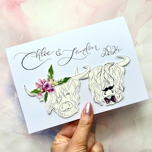 Highland Cow Wedding Card illustration | Farm themed |  Personalised Calligraphy wedding/engagement card | Scottish Cow | long hair cow card