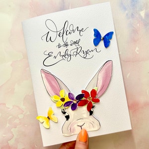 Tarjeta de nombre de bebé personalizada / tarjeta de bebé personalizada / conejito de bebé / linda tarjeta de caligrafía para bebé / regalo para recién nacido / tarjeta hecha a pedido