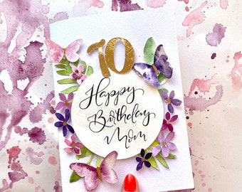 Personalise birthday card with gold leaf number/age | watercolour flowers with Birthday calligraphy message