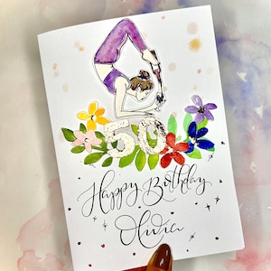Yoga & wine themed Birthday Card with age | Pilates | Yogi | athlete Birthday Card | exercise | gym themed