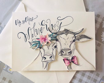 Carte de fiançailles/mariage animal fantaisie personnalisée | carte de mariage vache | Carte personnalisée de fermier | Mariage taureau et vache