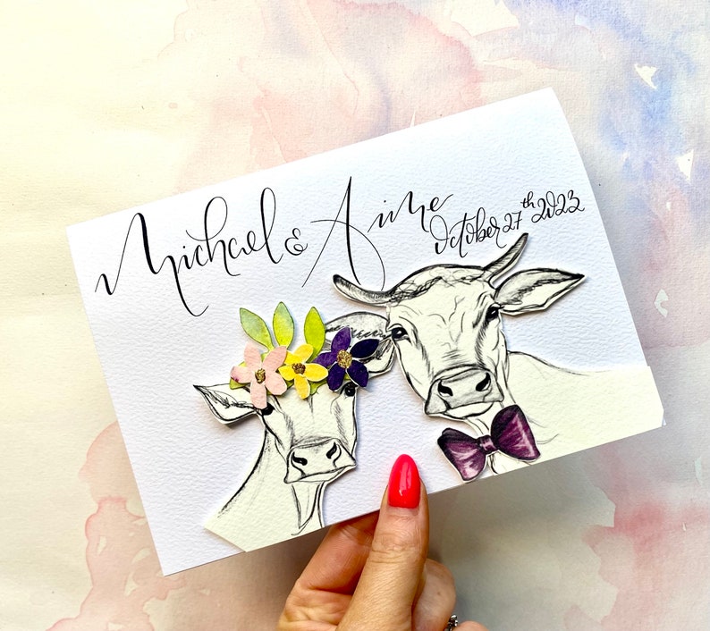 cow wedding card with names and wedding date