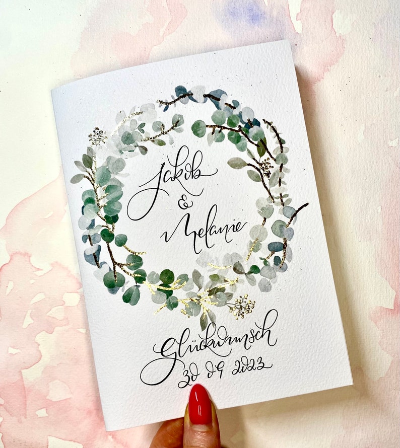 German custom text wedding card, congratulations card, custom order gift, made to order, eucalyptus greenery card