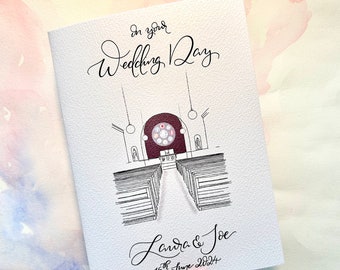 Tarjeta de ilustración de boda de iglesia personalizada / tarjeta de boda personalizada con nombres de pareja y fecha de boda / Boda religiosa