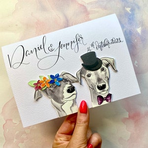 Grijze jachthond / Lurcher / grijs gepersonaliseerde paar kalligrafie trouwkaart | Hondenhuwelijkskaart | Honden gaan trouwen | Jubileumkaart