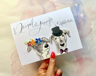 Grijze hondenhond/Lurcher/grijs gepersonaliseerde paar kalligrafie trouwkaart | Hond trouwkaart | Honden trouwen | Jubileumkaart