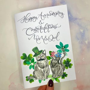 Biglietto di anniversario personalizzato con gatto e calligrafia / Biglietto di nozze personalizzato / Biglietto di fidanzamento personalizzato / Tema gatto / Regalo di nozze personalizzato